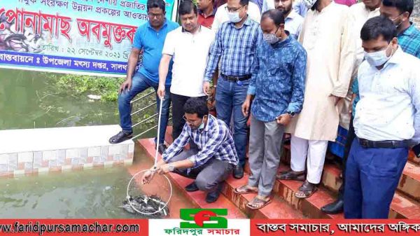 সালথায় দেশীয় মাছ ও শামুক রক্ষায় মা‌ছের পোনা অবমুক্তকরণ